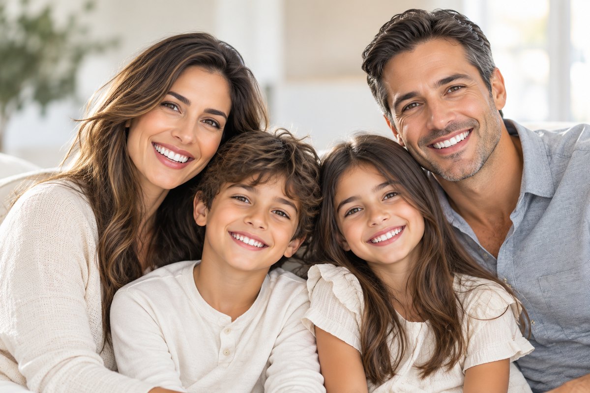 A smiling family of four with bright, healthy smiles