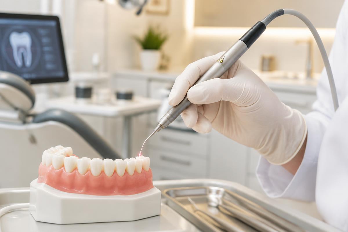 Illustrative image: a dental laser handpiece held near a model of the gums and teeth
