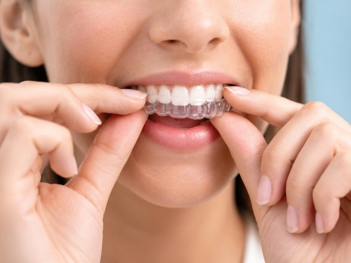 A person placing a clear orthodontic aligner over their teeth